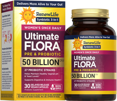 RenewLife Ultimate FLORA Women's Once Daily Pre & Probiotic, 50 Billion CFU, 30 Delayed Release Vegan Capsules.