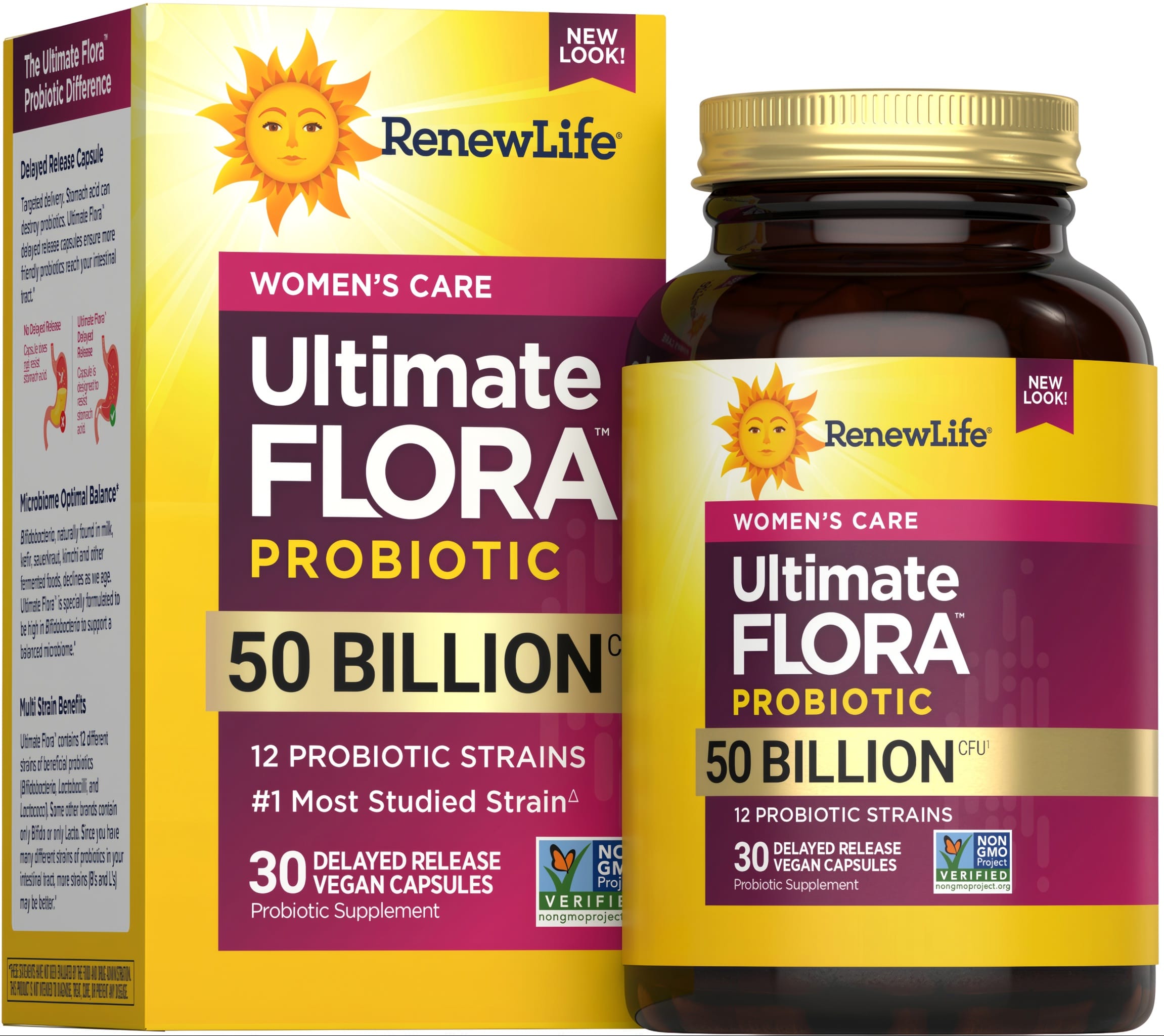 Ultimate Flora Women's Care Probiotic with 50 Billion CFU and 12 strains. Includes 30 delayed release vegan capsules.