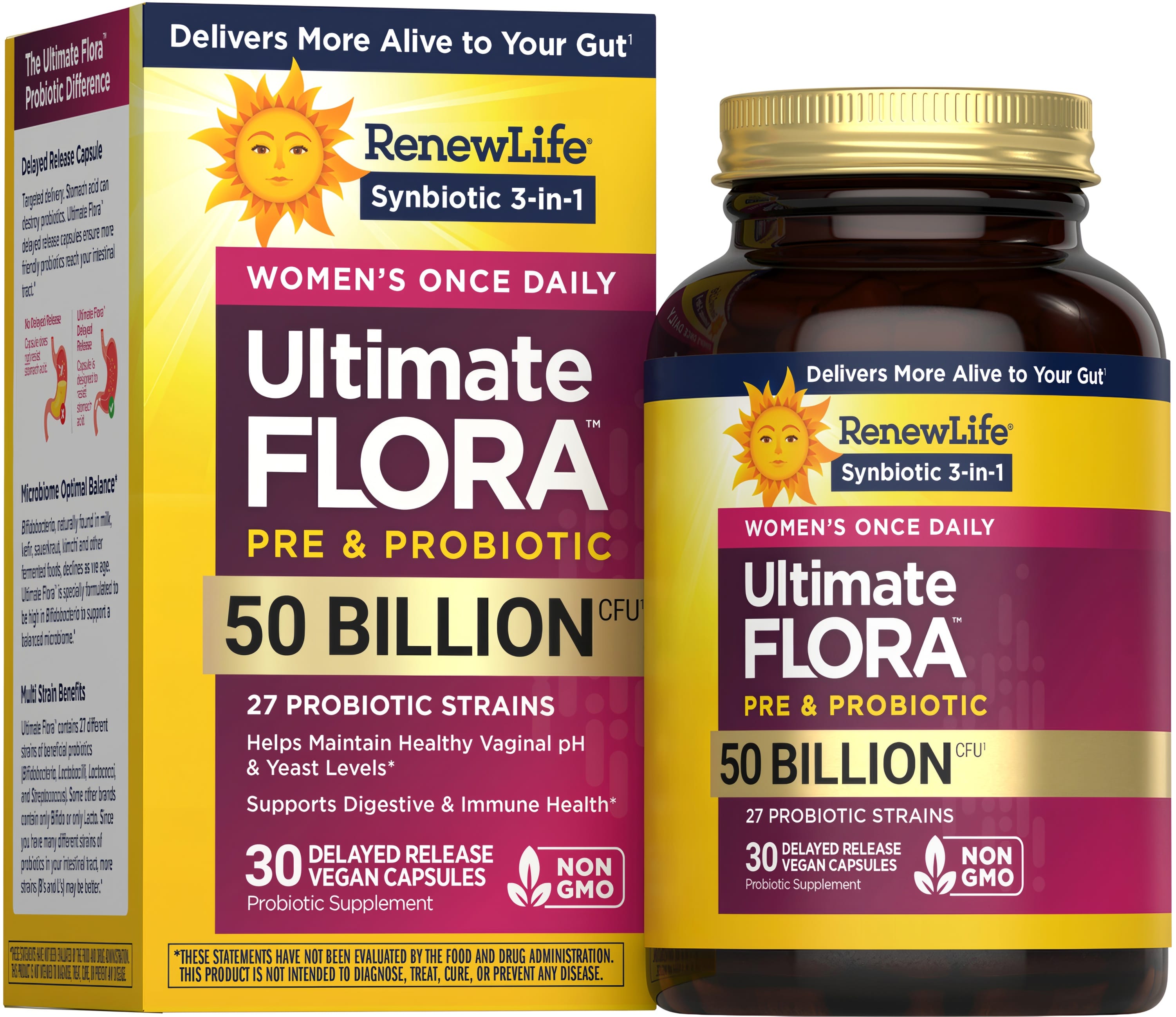 RenewLife Ultimate FLORA Women's Once Daily Pre & Probiotic, 50 Billion CFU, 30 Delayed Release Vegan Capsules.