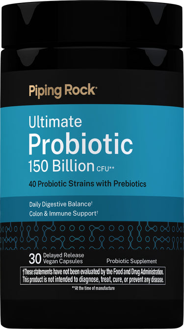 Ultimate Probiotic with 150 Billion CFU, 40 strains, prebiotics, and 30 delayed-release vegan capsules.