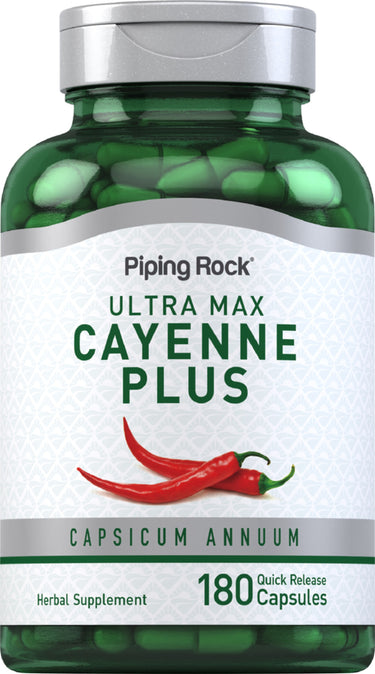 Ultra Max Cayenne Plus Herbal Supplement, featuring Capsicum Annuum, 180 quick release capsules.
