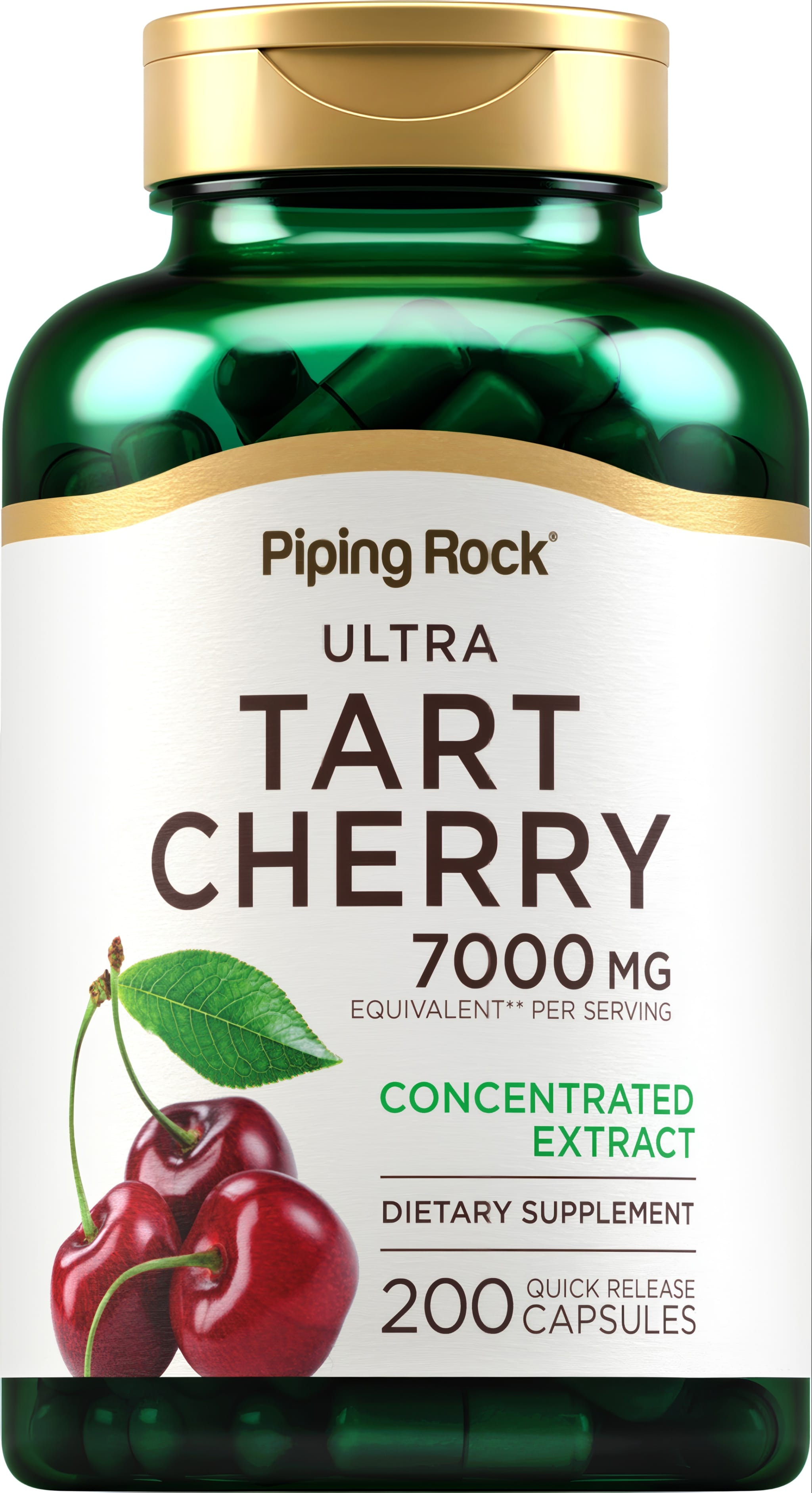 Ultra Tart Cherry 7000 mg equivalent per serving, 200 quick release capsules.