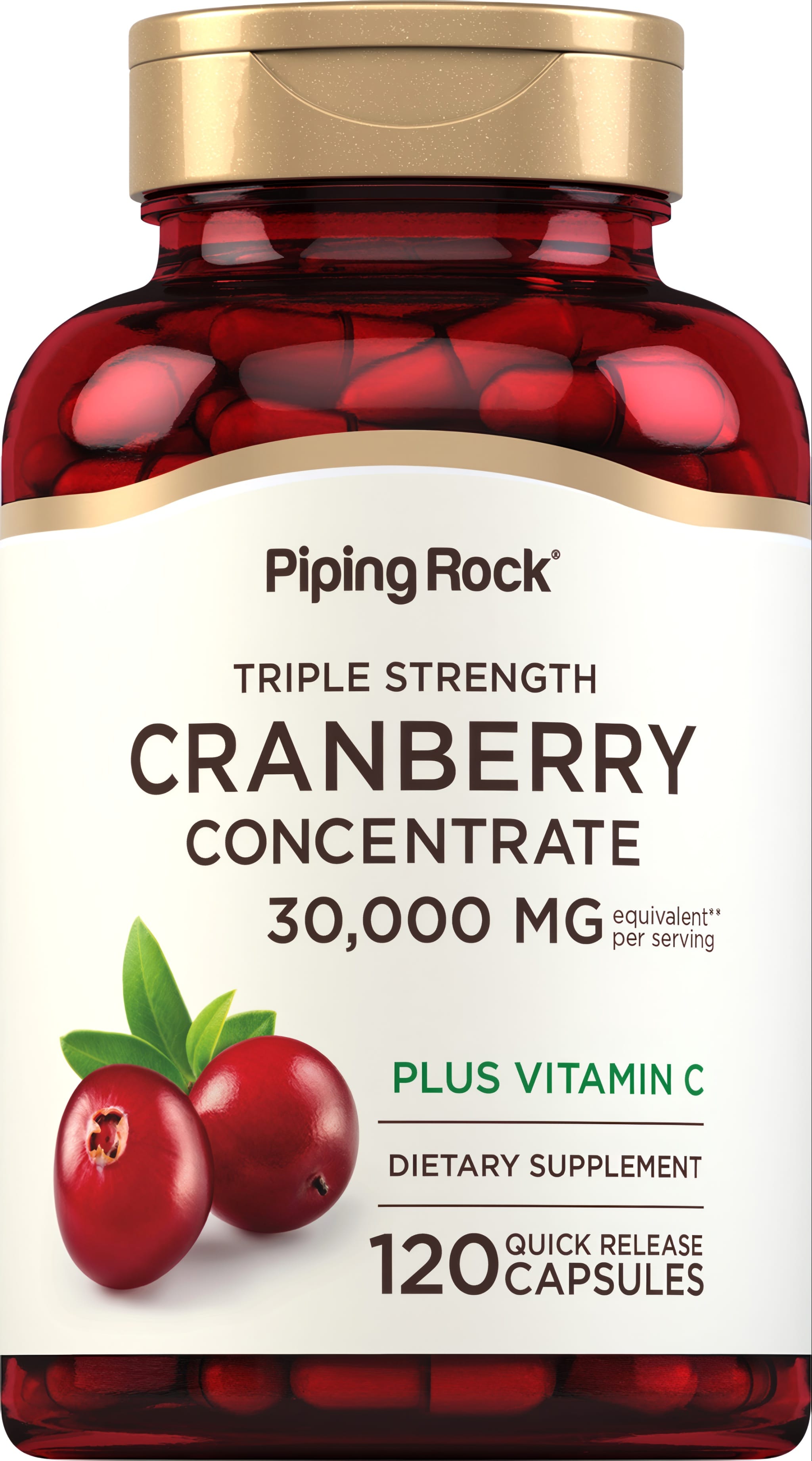 Triple Strength Cranberry Concentrate with 30,000 MG equivalent per serving plus Vitamin C in 120 quick-release capsules.