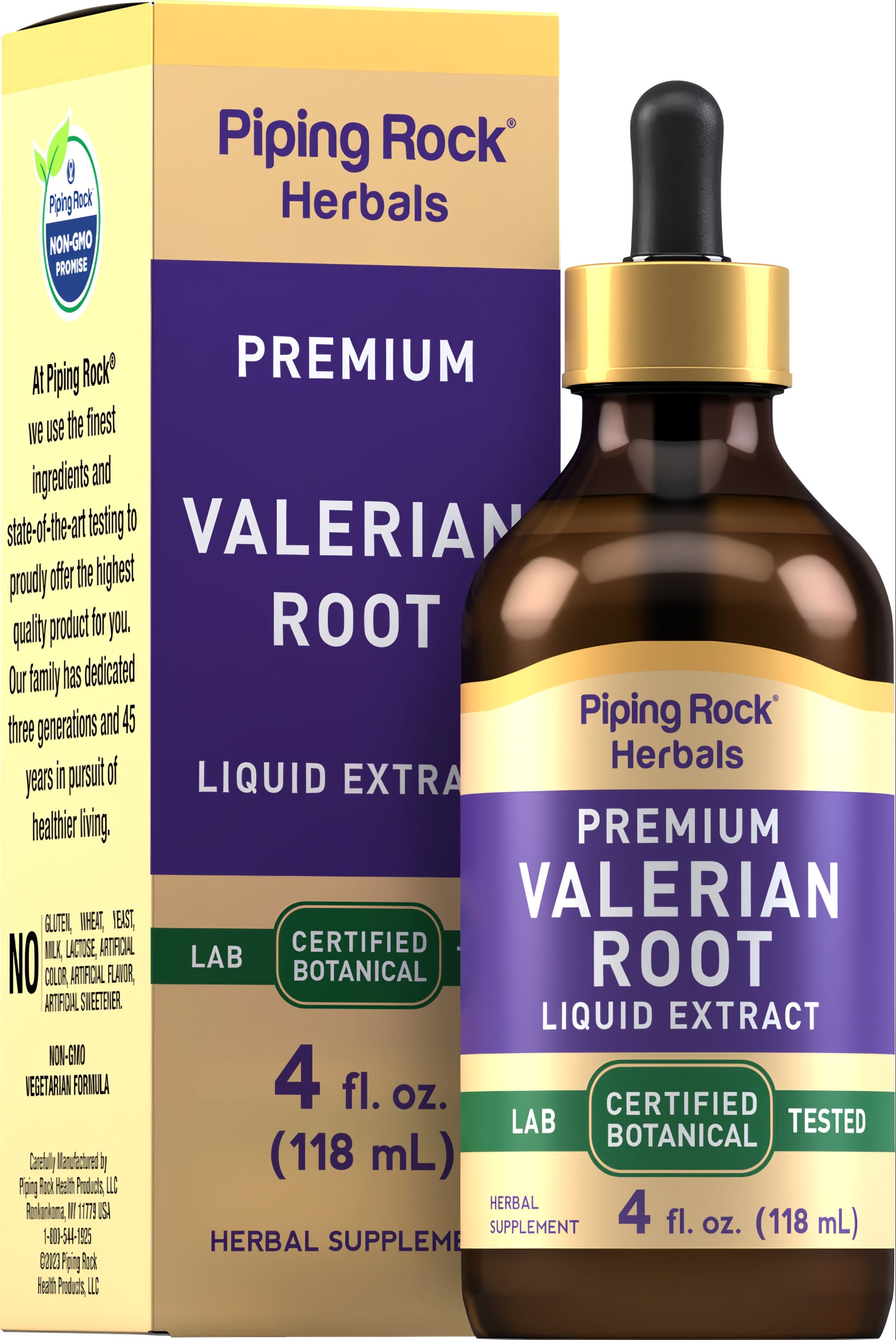 Valerian Root Liquid Extract, 4 fl. oz. (118 mL), a certified botanical herbal supplement in a clear bottle.