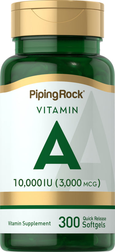 Product image of Vitamin A 10,000 IU (3,000 MCG), containing 300 quick release softgels.