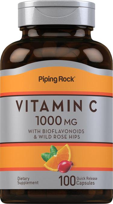 Vitamin C 1000 MG with bioflavonoids and wild rose hips, featuring 100 quick release capsules.