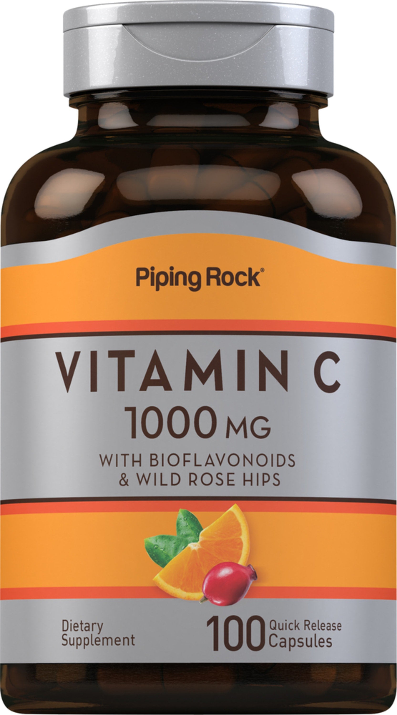 Vitamin C 1000 MG with bioflavonoids and wild rose hips, featuring 100 quick release capsules.