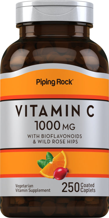 Vitamin C 1000 MG with Bioflavonoids and Wild Rose Hips, Vegetarian Supplement, includes 250 coated caplets.