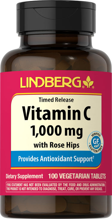 LINDBERG Vitamin C 1,000 mg with Rose Hips, Timed Release, 100 Vegetarian Tablets. Provides antioxidant support. Gluten free.