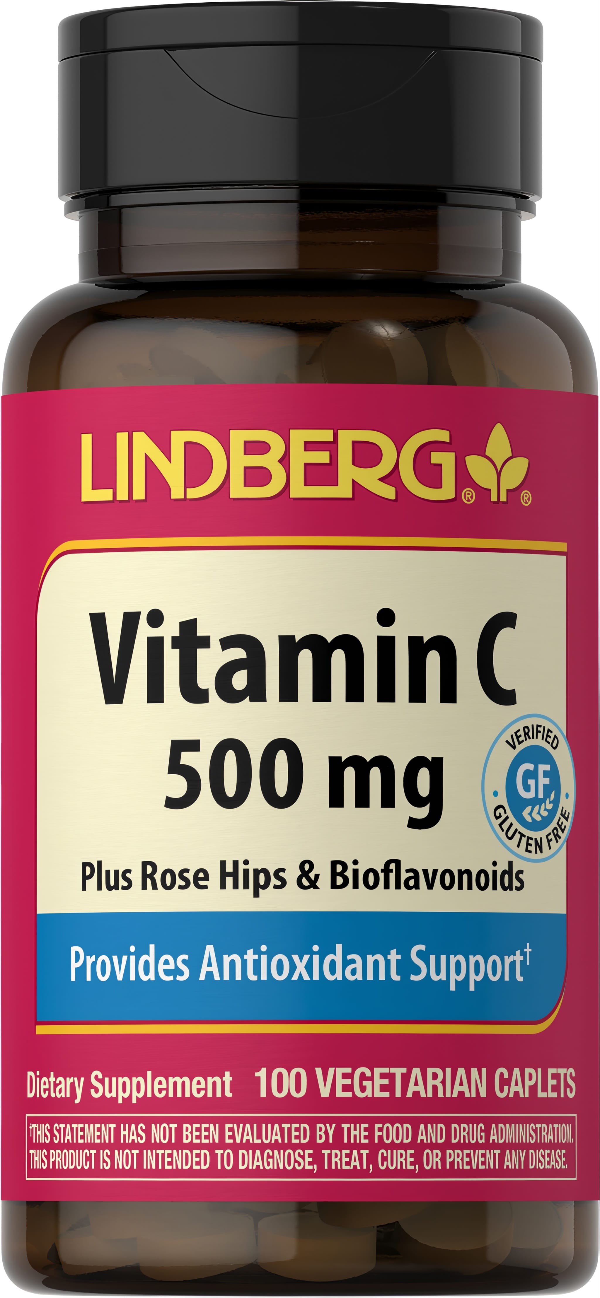 Lindberg Vitamin C 500 mg with Rose Hips & Bioflavonoids, 100 Vegetarian Caplets, Gluten Free.