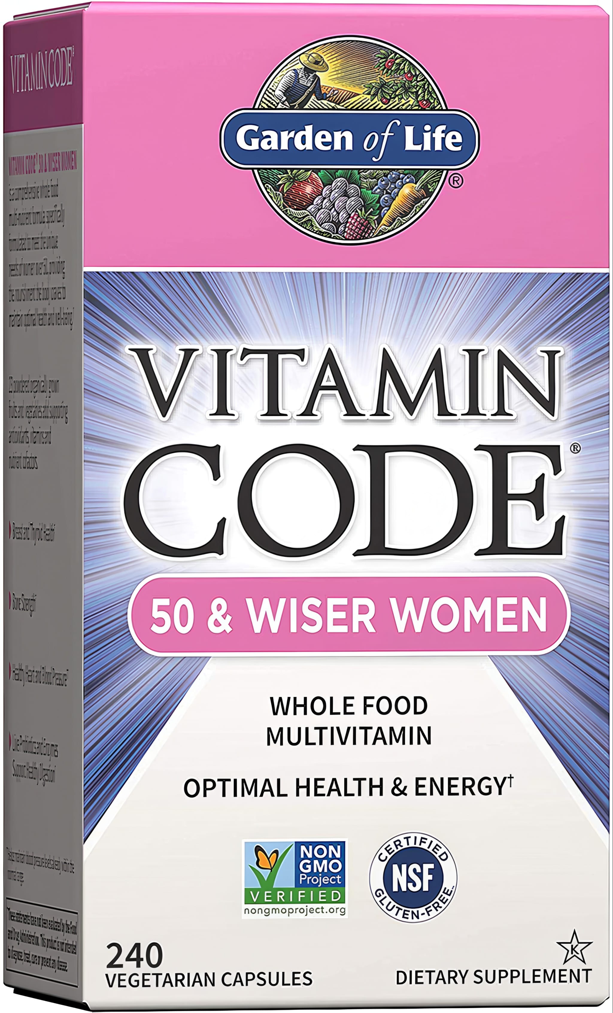 Garden of Life Vitamin Code for Women 50+ offers 240 whole food multivitamin vegetarian capsules.