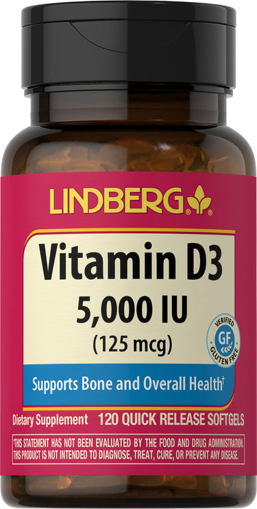Lindberg Vitamin D3 5,000 IU (125 mcg) 120 Quick Release Softgels. Supports bone and health. Verified gluten-free.