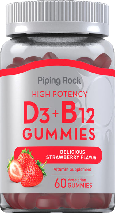 High Potency D3 and B12 Gummies in delicious strawberry flavor, a vitamin supplement with 60 vegetarian gummies.