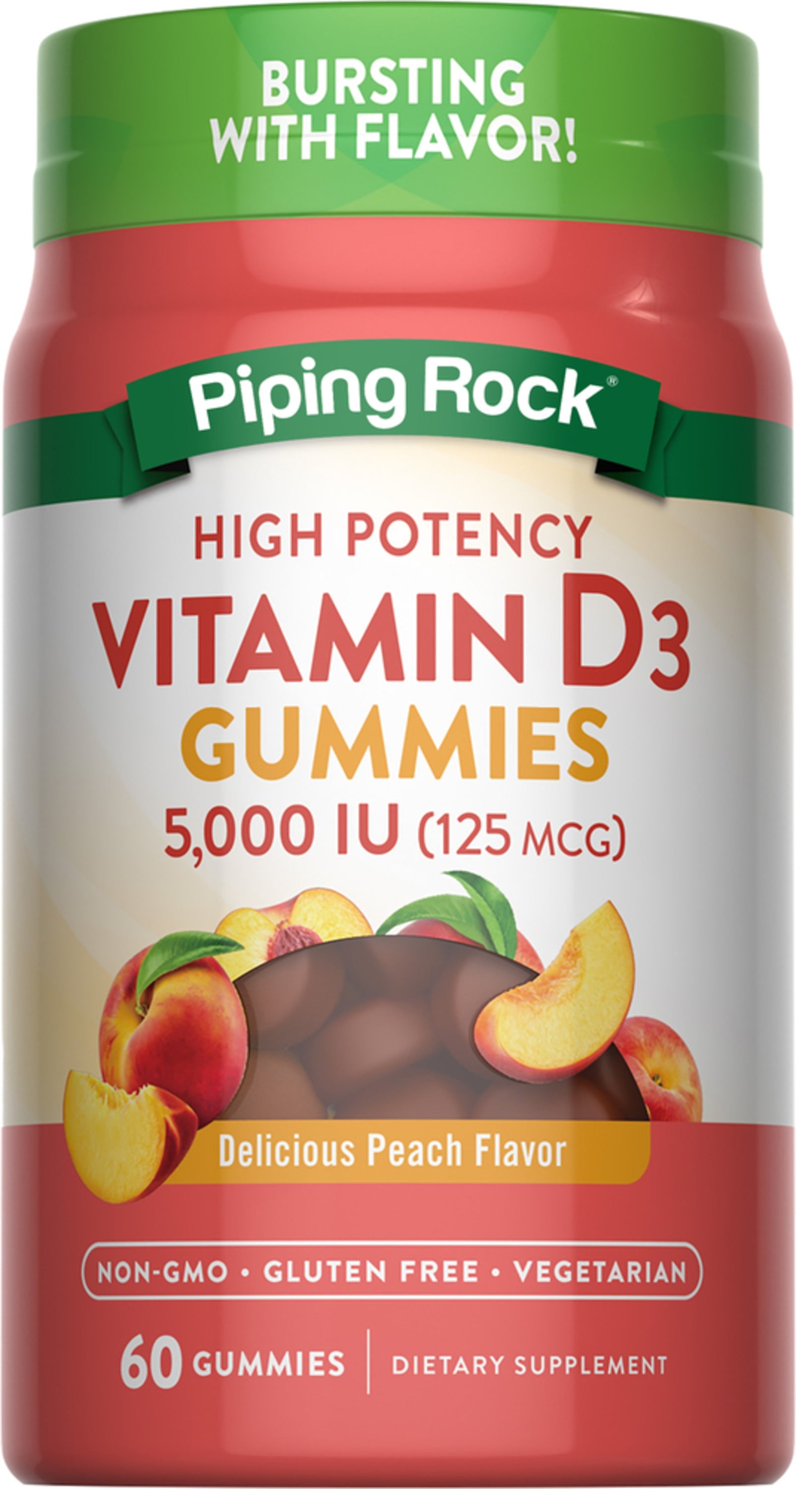 Vitamin D3 5,000 IU (125 mcg) 60 Gummies, delicious peach flavor. Non-GMO, gluten free, vegetarian.