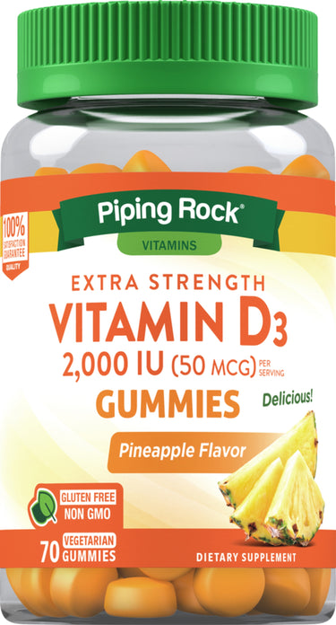 Vitamin D3 2,000 IU pineapple flavor gummies, 70 vegetarian gummies, gluten-free, non-GMO, dietary supplement.