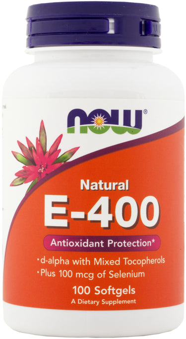Now Natural E-400 with Mixed Tocopherols and 100 mcg Selenium, 100 Softgels bottle.