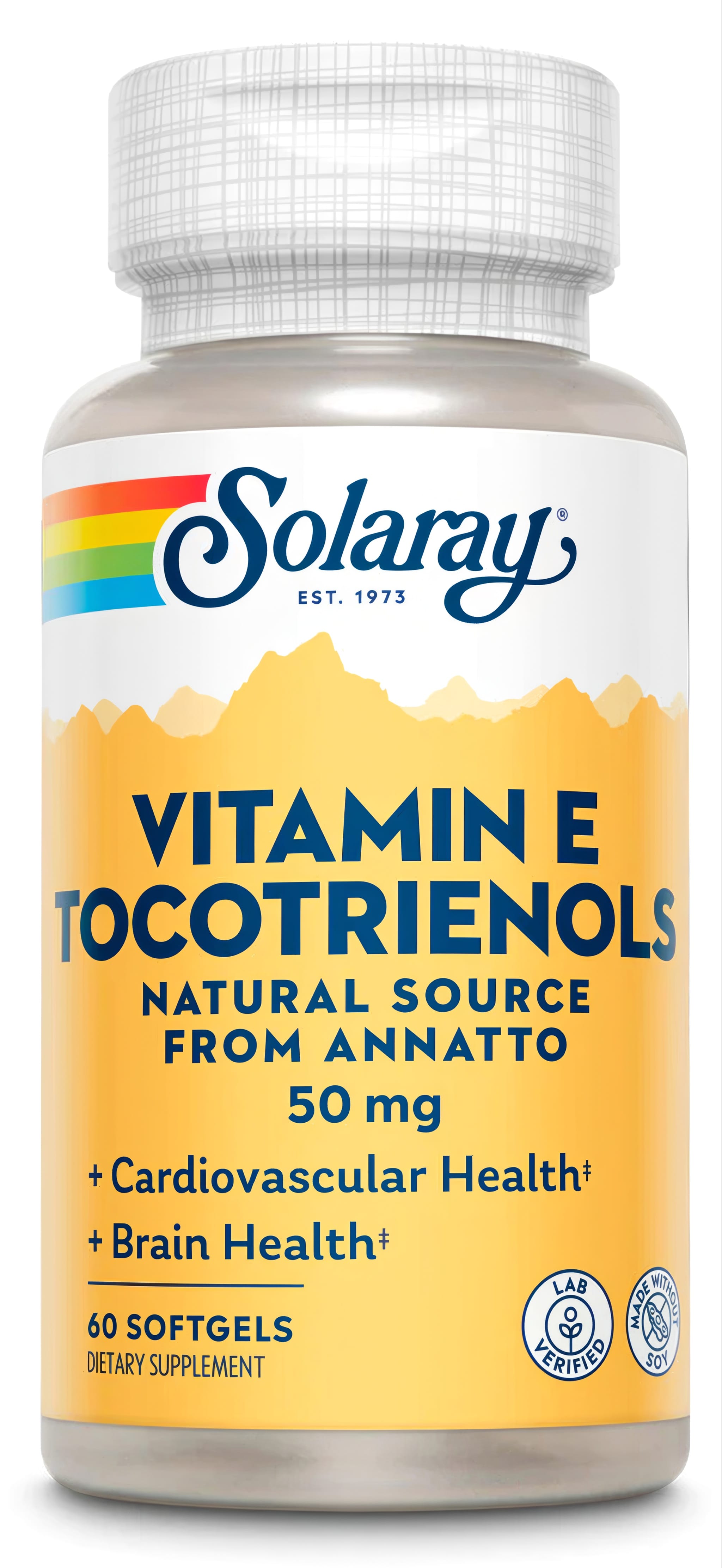 Bottle of Vitamin E Tocotrienols 50 mg, containing 60 softgels, crafted without soy for those with dietary preferences or restrictions.