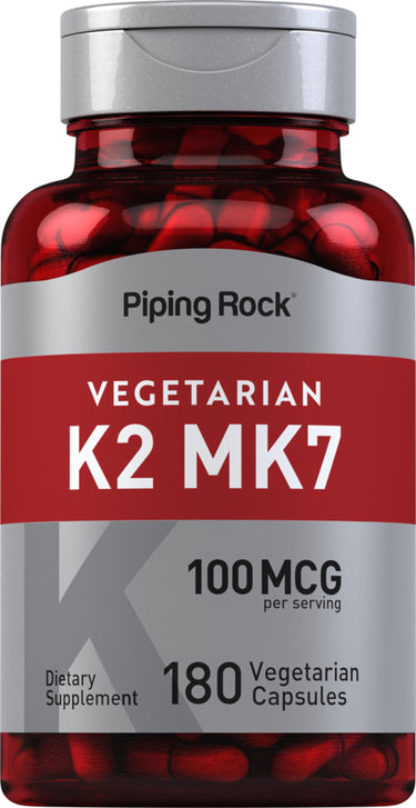 Vegetarian K2 MK7 supplement, offering 100 MCG per serving, with 180 vegetarian capsules per bottle.