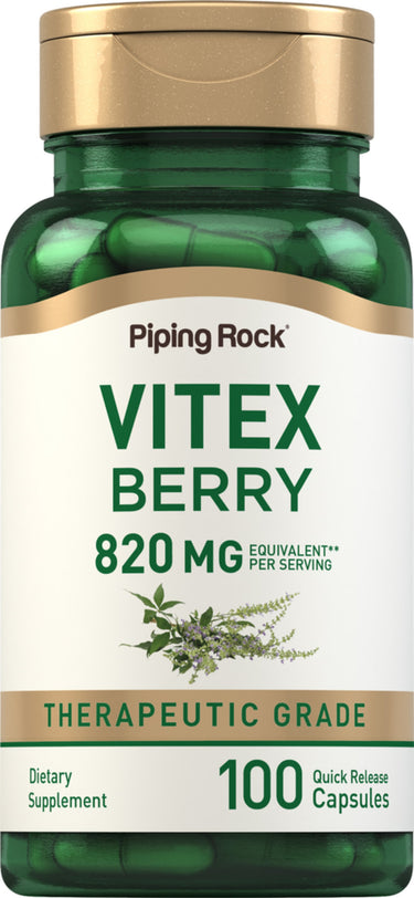 Vitex Berry 820 mg dietary supplement with 100 quick release capsules in a therapeutic grade formulation.