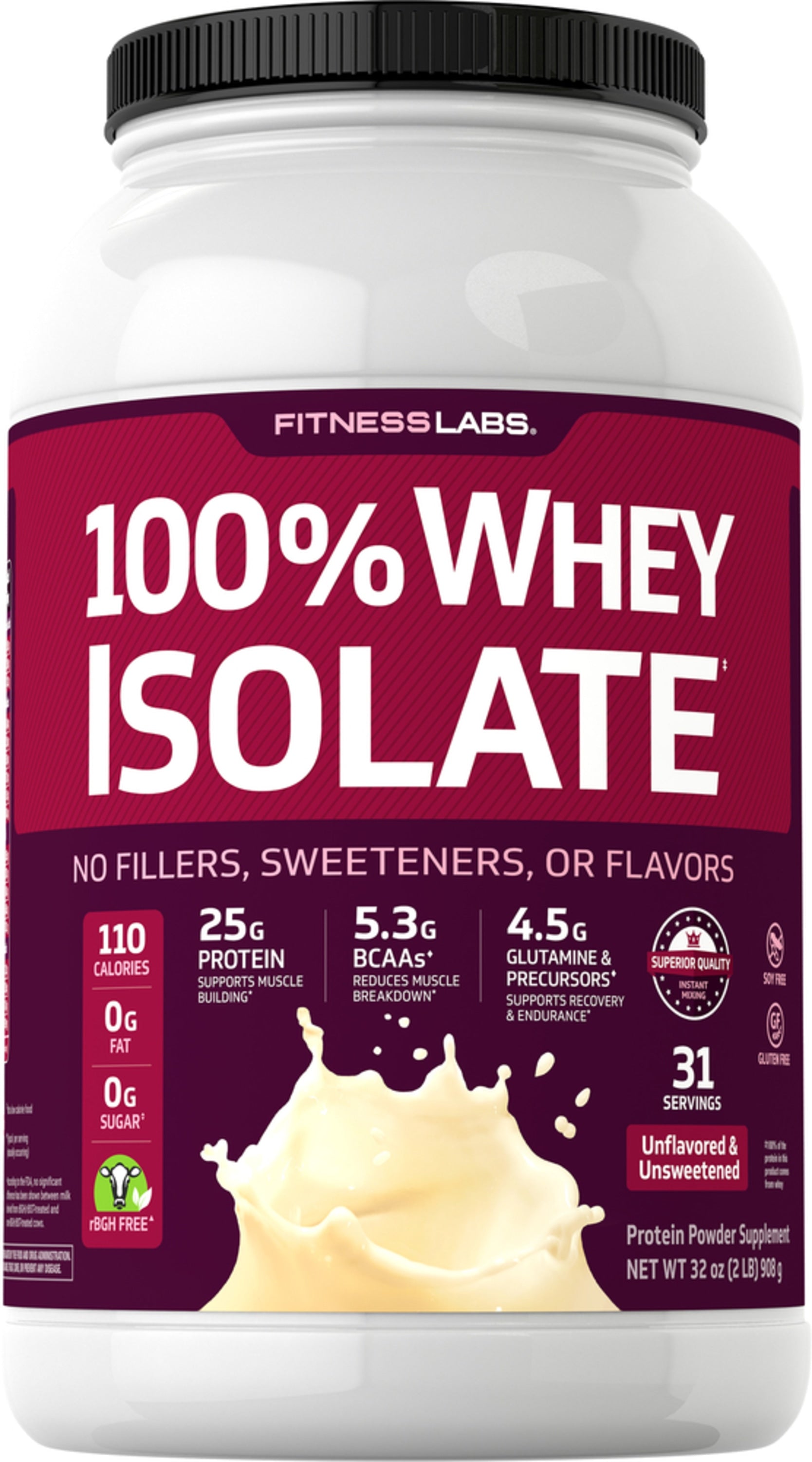 Whey Protein Isolate (Unflavored & Unsweetened), 2 lb (908 g) Bottle