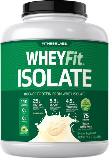 Fitness Labs WHEYFit ISOLATE Natural Vanilla Shake, 80 oz (5 LB) 2.268 kg protein supplement tub.