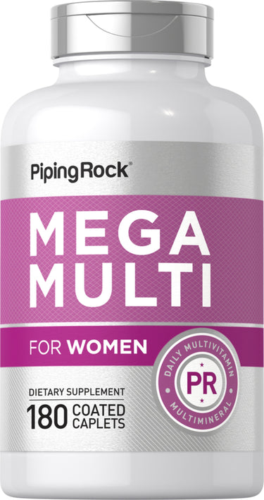 Mega Multi for Women daily multivitamin multimineral, 180 coated caplets bottle.