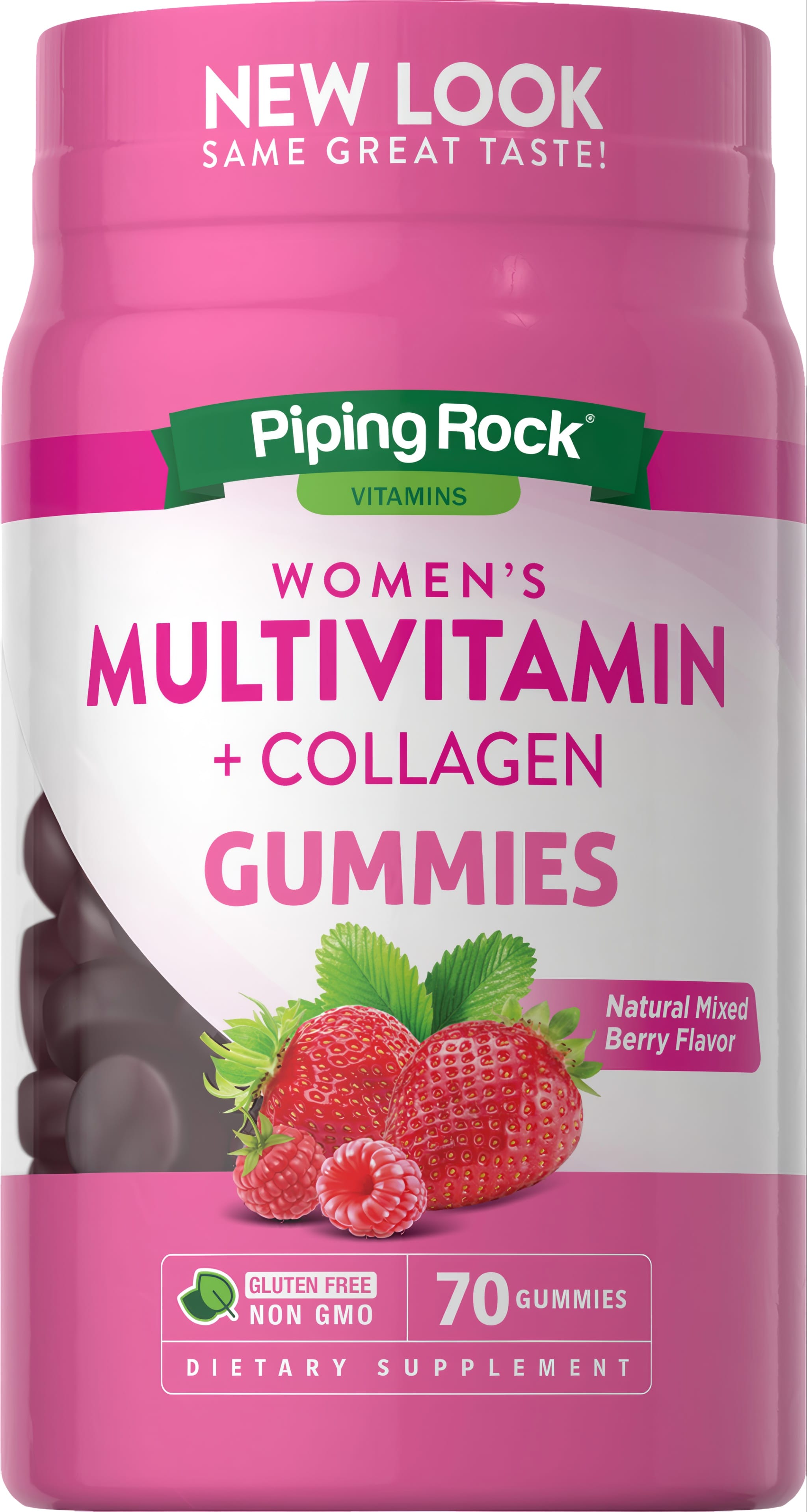 Women's Multivitamin + Collagen Gummies in natural mixed berry flavor, 70 gummies, gluten-free, non-GMO.