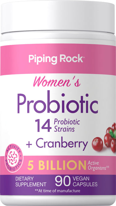 Women's Probiotic with 14 strains, cranberry, 5 billion active organisms, in 90 vegan capsules.