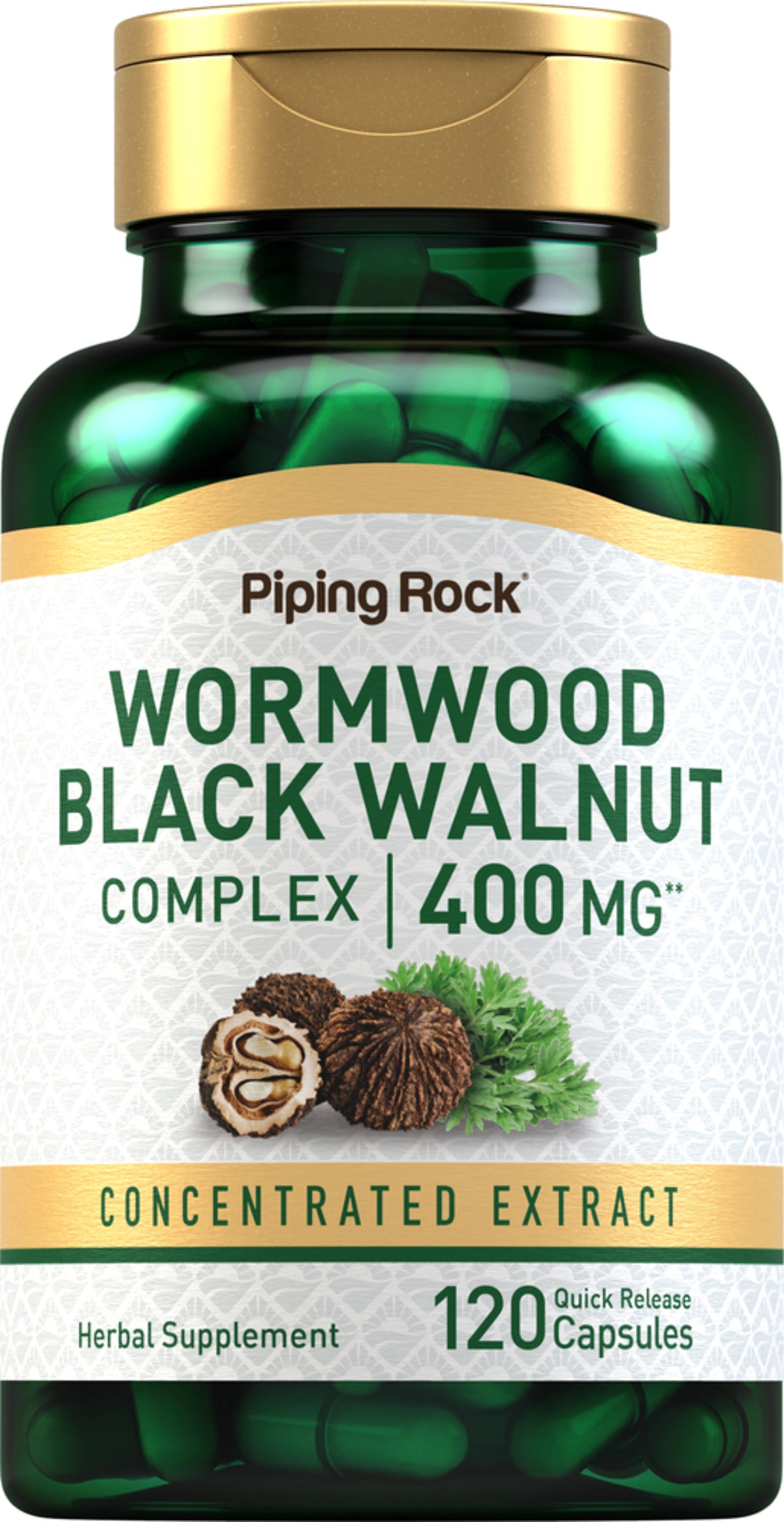 Bottle of Wormwood Black Walnut Complex, 400 mg, containing 120 quick release capsules.