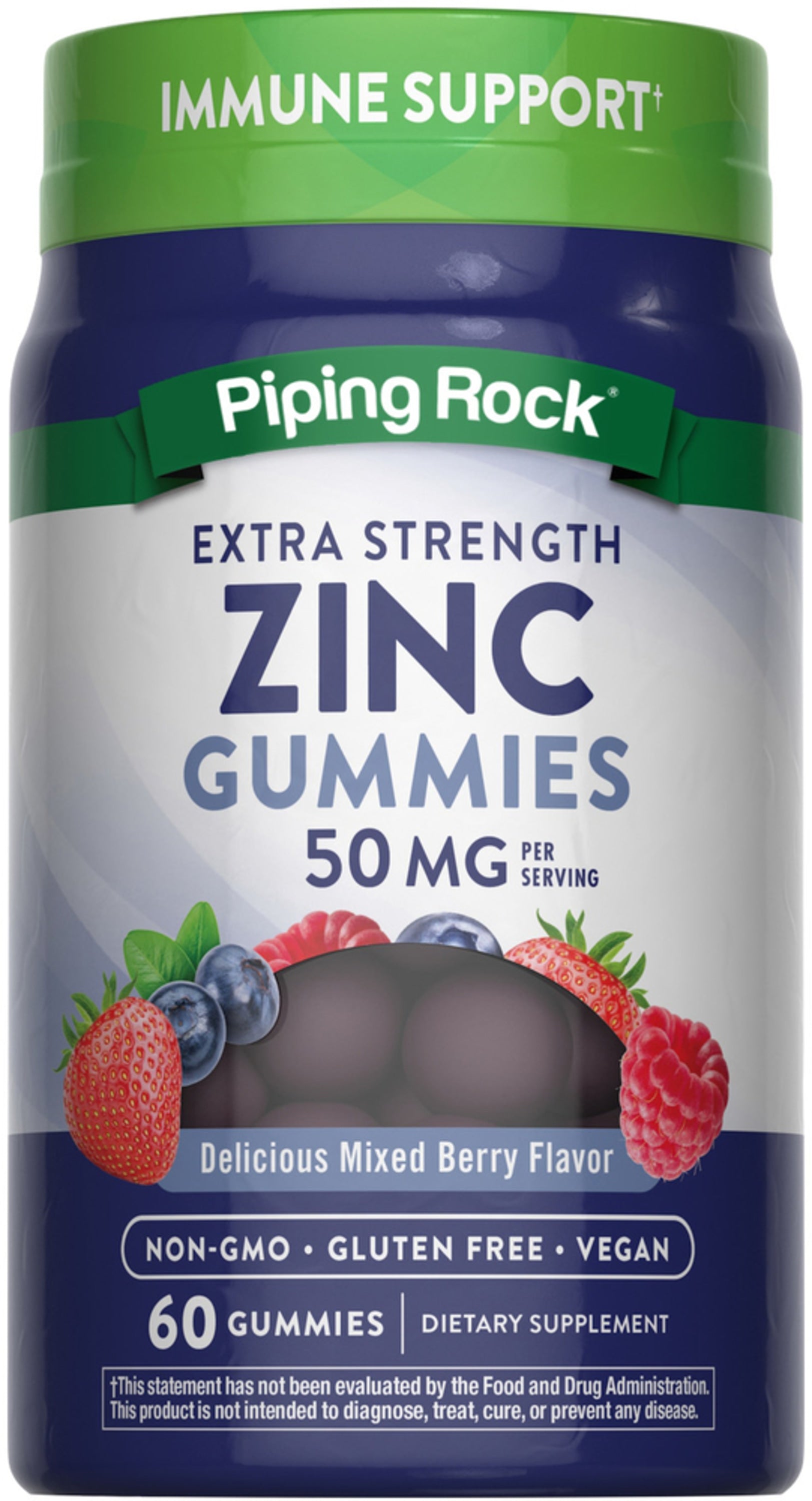 Extra Strength Zinc Gummies, 50 mg per serving, contains 60 gummies with a delicious mixed berry flavor.