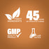 Infographic showing finest ingredients, 45 years of manufacturing, GMP quality, and lab-tested products.