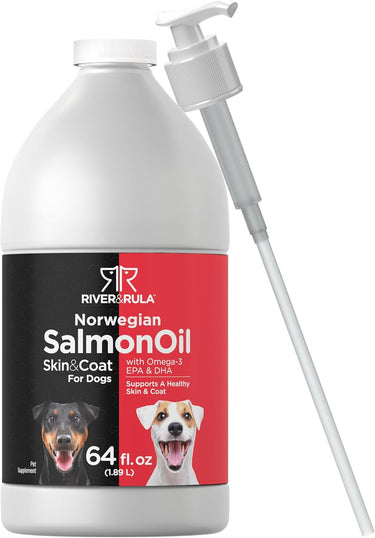RIVER&RULA Norwegian Salmon Oil for Dogs, 64 fl. oz (1.89 L), with Omega-3 EPA & DHA, pump dispenser for skin and coat.