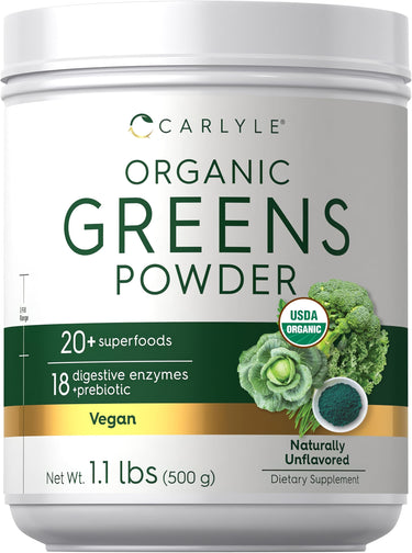 Carlyle Organic Greens, 1.1 lbs, features 20+ superfoods, 18 digestive enzymes, prebiotic, Vegan, USDA Organic, Naturally Unflavored.