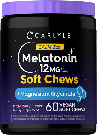 Carlyle Melatonin 12MG Vegan Soft Chews with Magnesium Glycinate, Mixed Berry Flavor, 60 count.