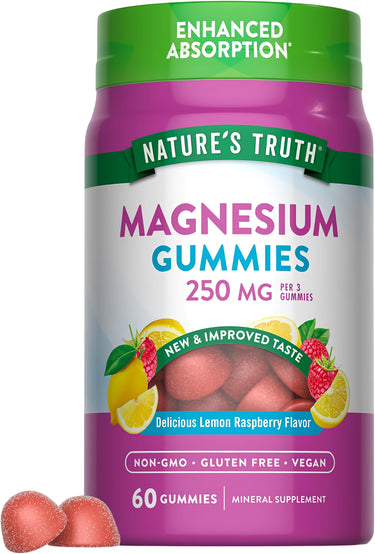 Magnesium Gummies with 250 MG per 3 gummies in Lemon Raspberry flavor. Includes 60 gummies that are non-GMO, gluten free, and vegan.