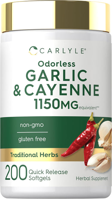 Carlyle Odorless Garlic & Cayenne supplement, 1150mg, 200 quick release softgels bottle.