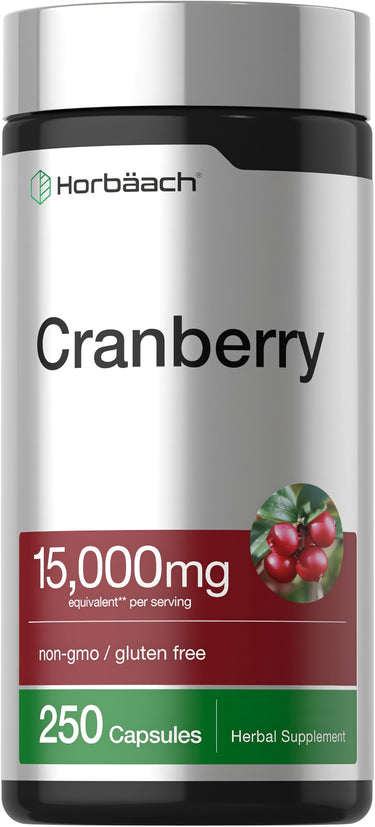 Horbäach Cranberry supplement with 15,000mg equivalent per serving, non-GMO, gluten-free, 250 capsules herbal formula.