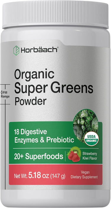 Horbäach Organic Super Greens Powder, Strawberry Kiwi Flavor, 5.18 oz. 18 Digestive Enzymes & Prebiotic, 20+ Superfoods, Vegan.