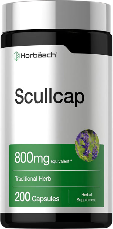 Herbal supplement bottle labeled Scullcap Herb 800 mg equivalent, containing 200 capsules.