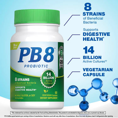 PB8 Probiotic with 14 billion active cultures in a bottle of 60 vegetarian capsules.