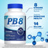 PB8 Probiotic bottle with 120 capsules, featuring 14 billion active cultures and 8 strains of beneficial bacteria for digestive health.