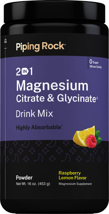 2 in 1 Magnesium Citrate & Glycinate Drink Mix (Raspberry Lemon), 16 oz (453 g) Bottle