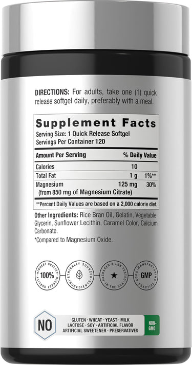 Supplement Facts panel for Horbaach Magnesium Citrate 850mg 120 Softgels.