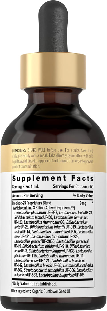 Supplement Facts panel for Doctors Way Liquid Probiotic, containing 3 billion CFU per ml, in a 2 fl oz bottle.