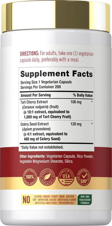 Carlyle Tart Cherry Plus Celery Seed, 200 vegetarian capsules in a clear bottle.