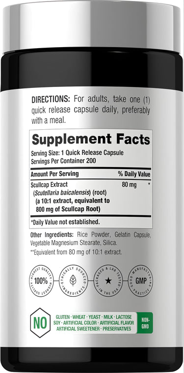 Supplement Facts panel for CL Scullcap Herb 800 mg Capsules 200 count.