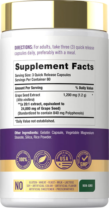 Supplement Facts label for Carlyle Grapeseed 4000 Complex 120 Capsules.