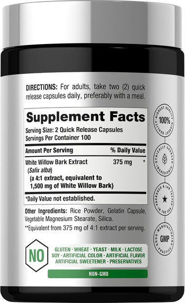 Image showing the Supplement Facts panel for White Willow Bark 1500mg, 200 capsules.