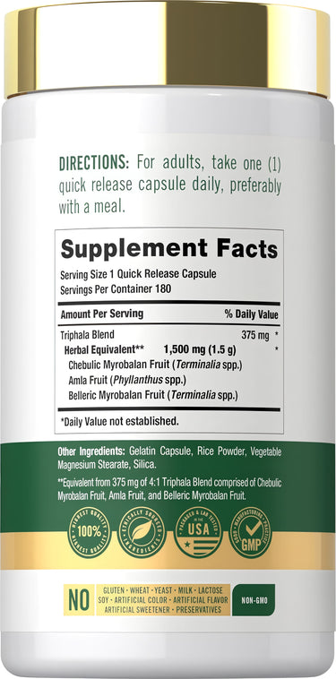 Supplement facts for Carlyle Triphala, showing 1500 mg per serving in 180 capsules.