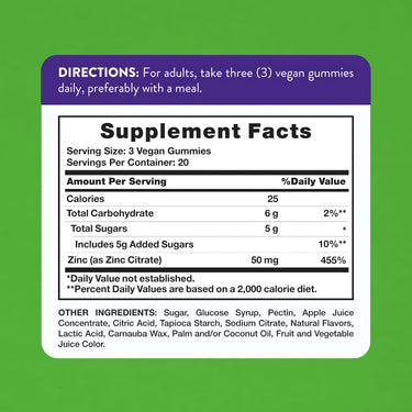 Image showing the Supplement Facts panel for Zinc 50 mg with 60 gummies.